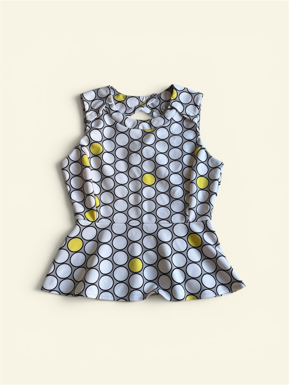 Worthington Geometric Circle Peplum Top Yellow Black White Snap Back Petite Med
